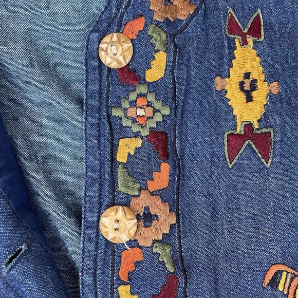 Carrie Allen Embroidered Western Vest Women's L Blue Denim  Boho Crochet Vtg - Picture 12 of 13